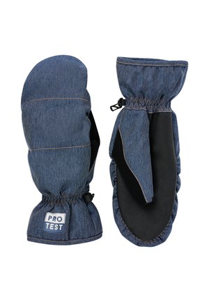 Denim wanten met zwarte leren handpalmen, elastische manchetten en een blauwe denim buitenkant. Bevat zichtbare stiksels en een "PRO TEST" label.