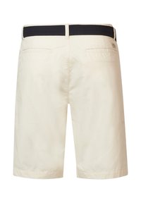 Pantaloni corti beige realizzati in tessuto leggero con una fascia elastica nera in vita, dotati di due tasche posteriori e orlo arrotolato.