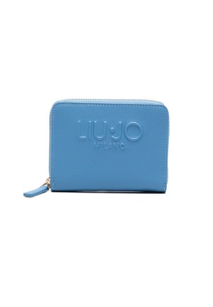Portafoglio azzurro chiaro con cerniera, superficie testurizzata, logo in rilievo "LIU JO MILANO" sul davanti e cursore della cerniera coordinato.