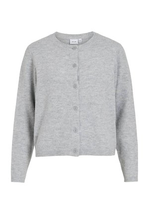 Light grey cardigan made of soft fabric, features a round neckline, six button front closure, and ribbed cuffs and hem.