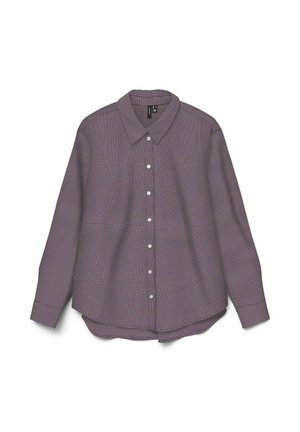 Langærmet knap-op skjorte i lilla med ternet mønster. Har en klassisk krave og let buet kant. Glat, vævet stof.