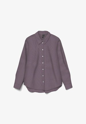 Chemise à manches longues boutonnée en violet avec un motif à carreaux. Dotée d'un col classique et d'un ourlet légèrement arrondi. Tissu lisse et tissé.