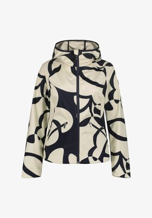 Hættetrøje i creme med markante sorte blomsterprint, med frontlynlås, to lynlåslommer og et glat, vandafvisende stof.