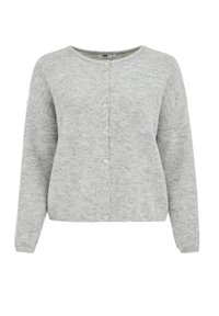 Grauer Cardigan aus weichem, strukturiertem Stoff mit rundem Halsausschnitt, langen Ärmeln und sechs Knöpfen vorn.