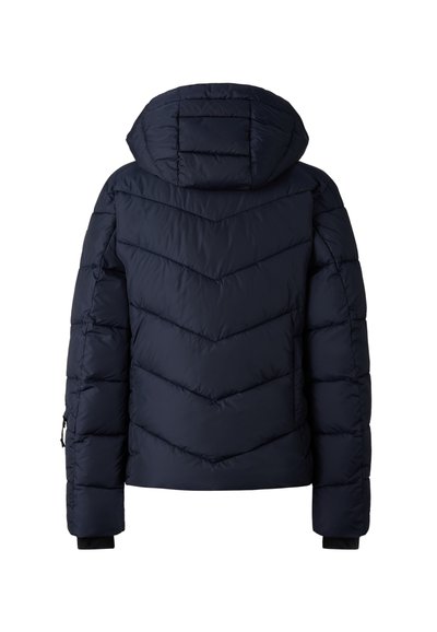 Marineblaues Steppjacke mit Kapuze, ausgestattet mit einem Chevron-Steppmuster, Reißverschlusstaschen an den Seiten und ribbeligen Manschetten.