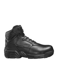Black leather tactical boot with a high top, round toe, reinforced stitching, lace-up closure, and rubber outsole for traction.