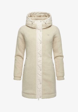 Cream-colored coat featuring a fluffy texture, a zip and snap front closure, oversized hood, and side pockets, with smooth fabric accents.