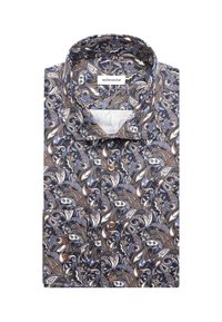 Chemise à manches longues pliée avec motif cachemire bleu, marron et blanc et boutons marron, dotée d'un col classique et d'une étiquette de la marque seidensticker.