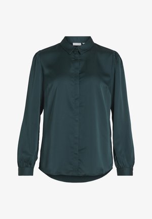 Tamnozeleni satenasti bluzon s klasičnim ovratnikom, prednjim kopčanjem na dugmiće, dugim rukavima s elastičnim manžetama i zakrivljenim donjim rubom.