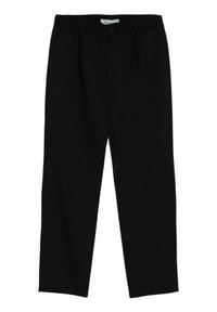 Pantalones negros de tejido suave, con una cintura elástica, bolsillos frontales y un diseño de pierna recta. Sin patrones o acentos visibles.