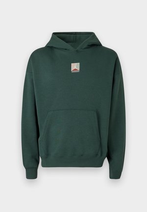 Hoodie de algodão verde com um bolso frontal, mangas longas e um logótipo gráfico no peito. Apresenta um capuz com cordão e punhos com nervuras.
