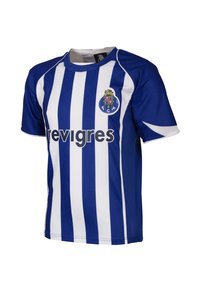 Blauwe en witte gestreepte voetbalshirt gemaakt van synthetische stof, met een ronde halslijn en het FC Porto clubembleem op de linkerkant van de borst.