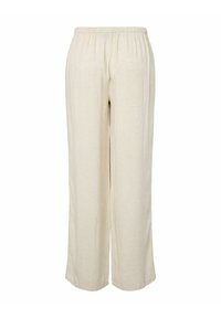 Pantalon ample en lin crème avec taille élastique, jambes droites et coupe décontractée.