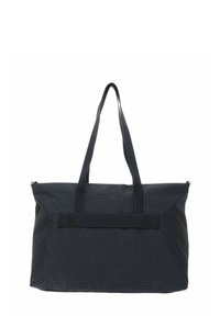 Sac cabas en nylon noir avec deux poignées robustes, une surface texturée, une fermeture éclair et un panneau avant avec un détail de sangle horizontale.