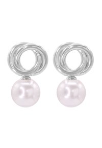 Les boucles d'oreilles en forme de cercle en argent présentent une goutte de perle rose clair lisse, mettant en valeur un design contemporain avec un métal poli et une finition brillante.