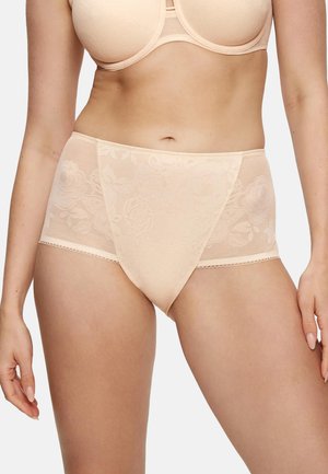 Beige high-waisted briefs with floral lace overlay, featuring a smooth texture and scalloped edge. Mid-rise fit, providing full coverage.