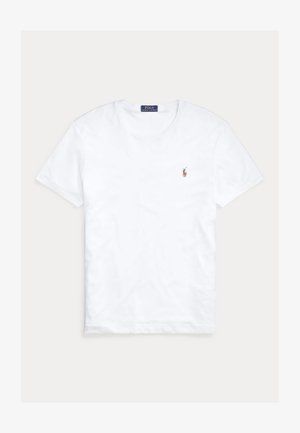 Witte T-shirt met korte mouwen en ronde hals met klein geborduurd Polo Ralph Lauren-logo op de linkerborst en een blauw merklint binnenin de kraag.