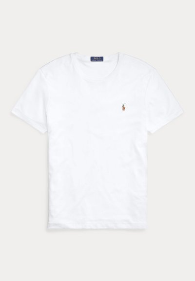 White crew neck short-sleeve t-shirt with small embroidered Polo Ralph Lauren logo on left chest and blue brand label inside collar.