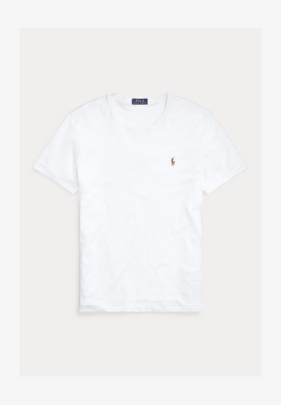 White crew neck short-sleeve t-shirt with small embroidered Polo Ralph Lauren logo on left chest and blue brand label inside collar.