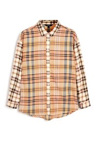 Camicia button-up con motivo a quadri multicolore che presenta diverse sfumature di marrone, giallo, grigio e bianco; maniche lunghe con polsini a bottoni.