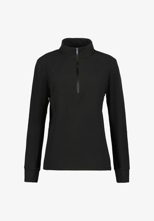 Schwarzer Pullover mit langen Ärmeln, hochgeschlossenem Kragen und halblanger Frontreißverschluss, auf einem schlichten weißen Hintergrund präsentiert.