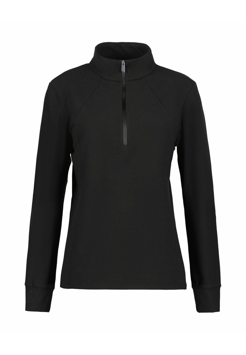 Black long-sleeve pullover with a high collar and a front half zipper closure, shown on a plain white background.