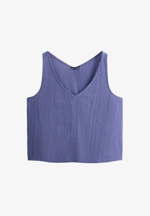 Fialový krátky top bez rukávov z textúrovaného materiálu s výstrihom do V a rovnými okrajmi.