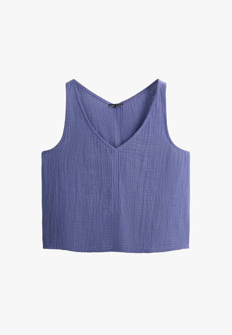 Crop top sans manches en tissu texturé violet avec un col en V et un ourlet droit.