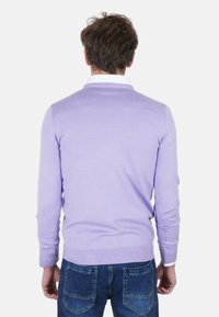 Maglione lilla chiaro con scollo rotondo e maniche lunghe, abbinato a jeans blu. Presenta un design aderente e orlo a costine.