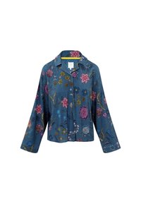 Blue floral-patterned shirt made of textured fabric. Features a collared neck, long sleeves, and a button-down front with colorful embroidery.