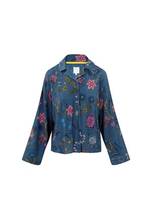 Blauwe bloempatronen shirt van textuurstof. Heeft een kraag, lange mouwen en een knoopsluiting aan de voorkant met kleurrijke borduursels.