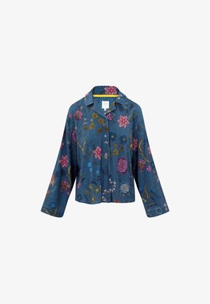 Blauwe bloempatronen shirt van textuurstof. Heeft een kraag, lange mouwen en een knoopsluiting aan de voorkant met kleurrijke borduursels.