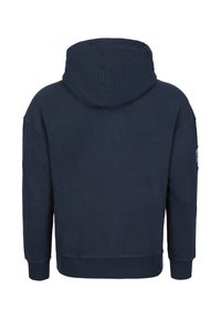 Donkerblauwe hoodie van zachte stof, met een capuchon, lange mouwen en een geribde tailleband. Geen zichtbare logo's of patronen.