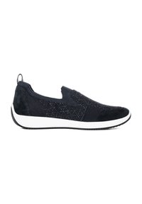 Schwarzer Slipper mit einem strukturierten Strick-Obermaterial, Wildlederdetails, geometrischem Muster und einer weißen Gummisohle mit schwarzen Akzenten.