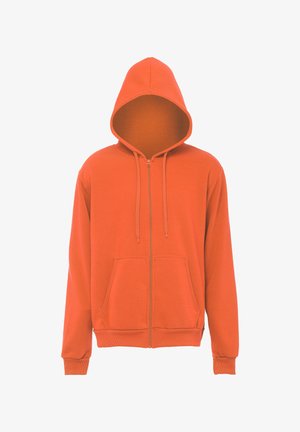 Oranger Zip-Hoodie aus weichem Stoff. Verfügt über eine Kapuze mit Kordelzug, Fronttaschen und gerippte Bündchen sowie einen gerippten Saum.
