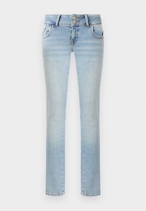 Lichtblauwe jeans met rechte pijpen, dubbele knoopsluiting, voorzakken en subtiele vervaging op de dijen en knieën.