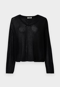 Pull noir à manches longues et col en V, en maille ajourée ; coupe ample avec un motif texturé. Aucun élément métallique ni accent visible.