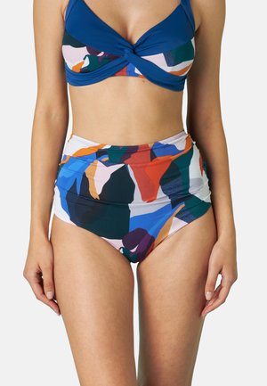 Set di bikini colorato con un top blu annodato e slip a vita alta con motivo multicolore in una miscela di verde, arancione e rosa.