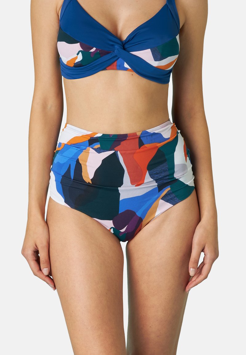 Set di bikini colorato con un top blu annodato e slip a vita alta con motivo multicolore in una miscela di verde, arancione e rosa.