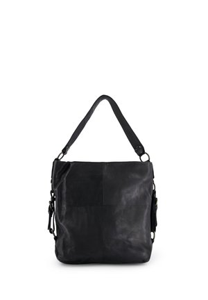 Black leather shoulder bag with single strap, rectangular shape, and slightly textured surface on a white background.