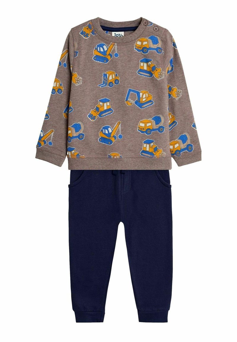 Gray sweatshirt with blue and yellow construction vehicle patterns, paired with navy blue joggers featuring front pockets and elastic cuffs.