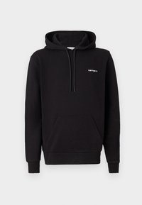 Black hoodie made of soft fabric, featuring a front kangaroo pocket, adjustable drawstring hood, and small white logo on the chest.