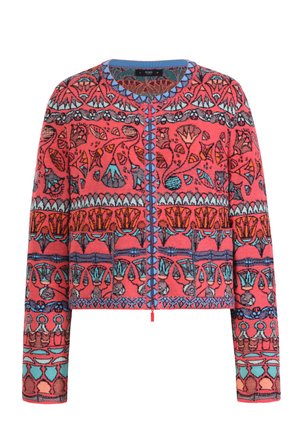 Knitted cardigan with a vibrant red and blue pattern, round neckline, long sleeves, and front zipper closure. Features intricate designs throughout.