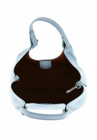 Borsa a mano in pelle blu chiaro con superficie texture, apertura superiore e interno marrone. Presenta una cerniera argentata e un gancio in metallo.