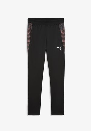 Pantalones deportivos negros con paneles laterales que presentan franjas rojas y grises, cinturilla elástica y un logo blanco de Puma en la parte superior de la pierna derecha.