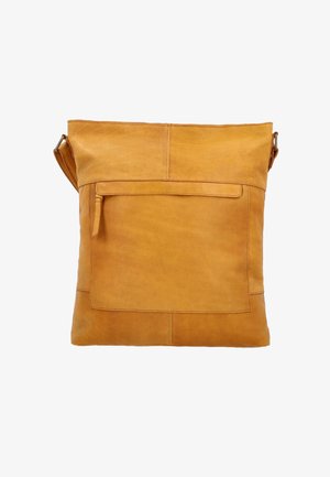 Gelbe Leder-Tote-Bag mit flacher, rechteckiger Form. Verfügt über eine Fronttasche, ein einfaches Design und einen verstellbaren Schultergurt.