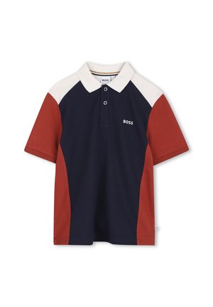 Polo met korte mouwen in marineblauw, roestrood en wit met een kraag, twee knopen en het "BOSS" logo op de borst.
