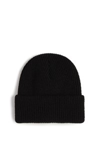 Black knit beanie with a ribbed texture, featuring a folded cuff. Simple, cylindrical shape, made from soft fabric for warmth.