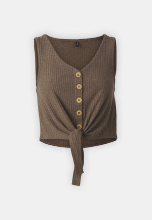 Crop top maro cu dungi, având un decolteu în V, un detaliu cu nod în față și cinci nasturi din lemn accentuând centrul. Textură moale.