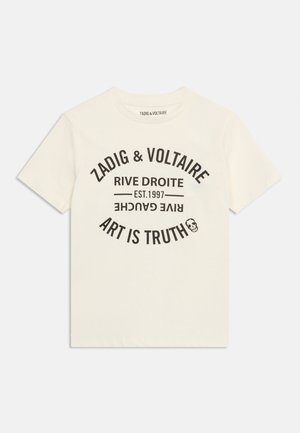 Kremna kratka majica s črnimi napisi »Zadig & Voltaire«, »Rive Droite«, »Est. 1997«, »Rive Gauche« in »Art Is Truth« z majhno lobanjo.